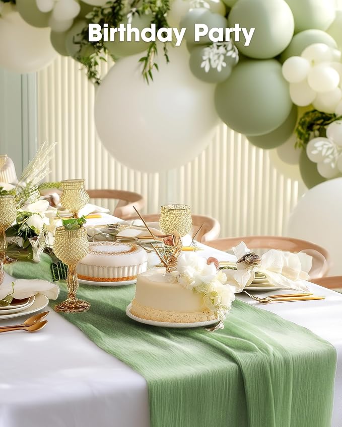 Pureegg 2-Pack Cheese Cloths Table Runner, 120'' Boho Table Cloth Decorations for Party, Baby Shower, Wedding and Farmhouse, Fabric Room Decor, Sage Green