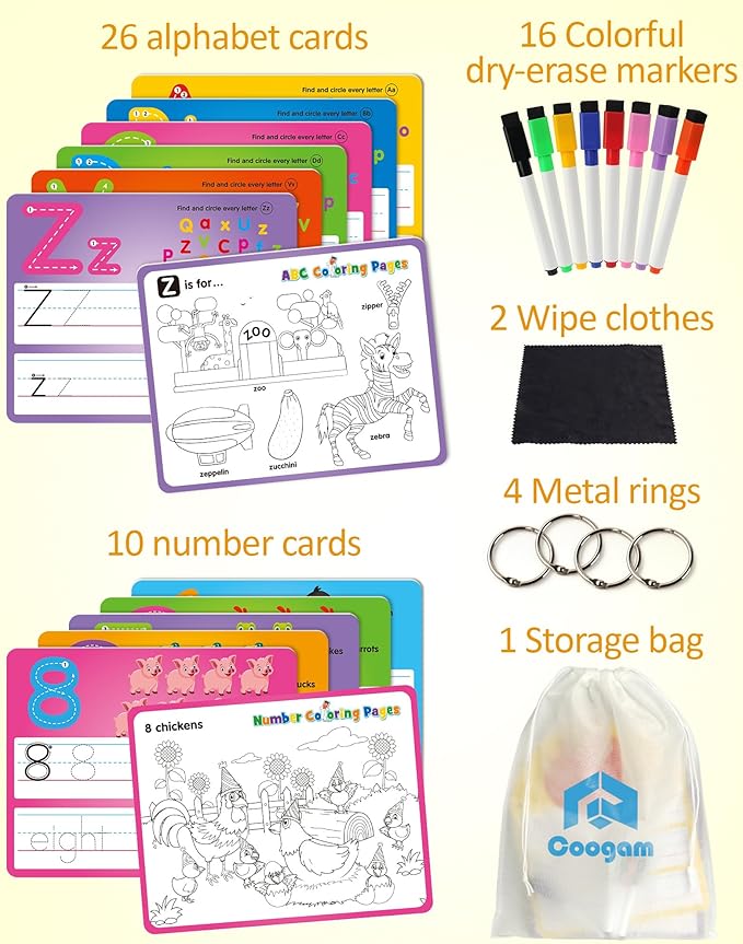 Coogam Handwriting Drawing Practice Cards, 36pcs Alphabet Number Painting Coloring with Pens, Double Sided Write and Wipe Tracing Flashcards, Educational Montessori Toy Gift for 3 4 5 Year Old Kids