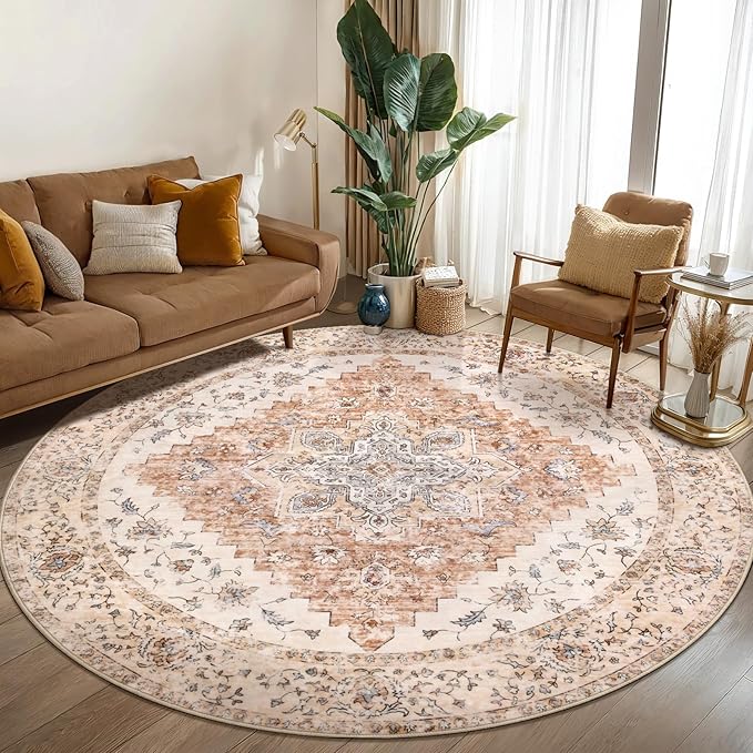 Ciicool Boho Area Rug Washable 6x6ft Round Bedroom Rug Non-Slip Oriental Throw Rug Low-Pile Floor Carpet for Dining Room Living Room(Vintage Cream/Brick)