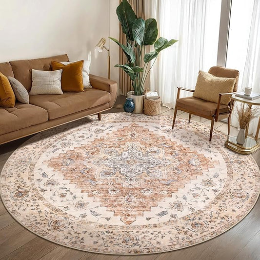 Ciicool Boho Area Rug Washable 6x6ft Round Bedroom Rug Non-Slip Oriental Throw Rug Low-Pile Floor Carpet for Dining Room Living Room(Vintage Cream/Brick)