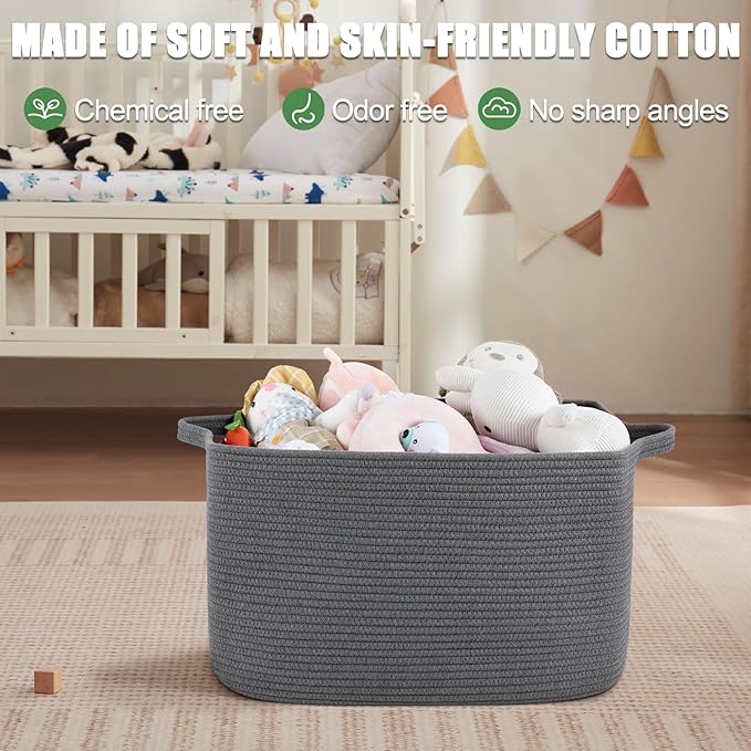 65L Large Storage Basket, Cotton Rope Woven Blanket Basket, Toy Storage for Baby Room, Living Room, Dark Grey
