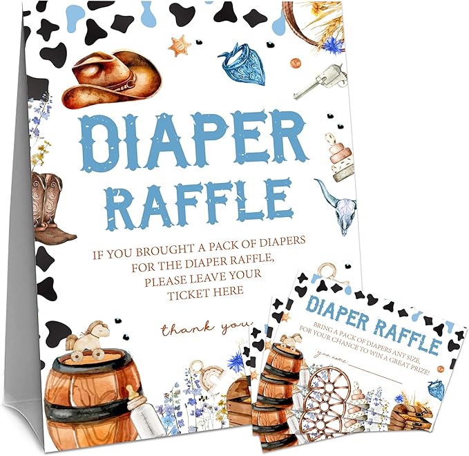 Western Cowboy Diaper Raffle Set For Baby Shower - 50 Raffle Tickets With 1 Standing Sign -Announcement, Gender Reveal Baby Shower Party Decoration Game Set - A07
