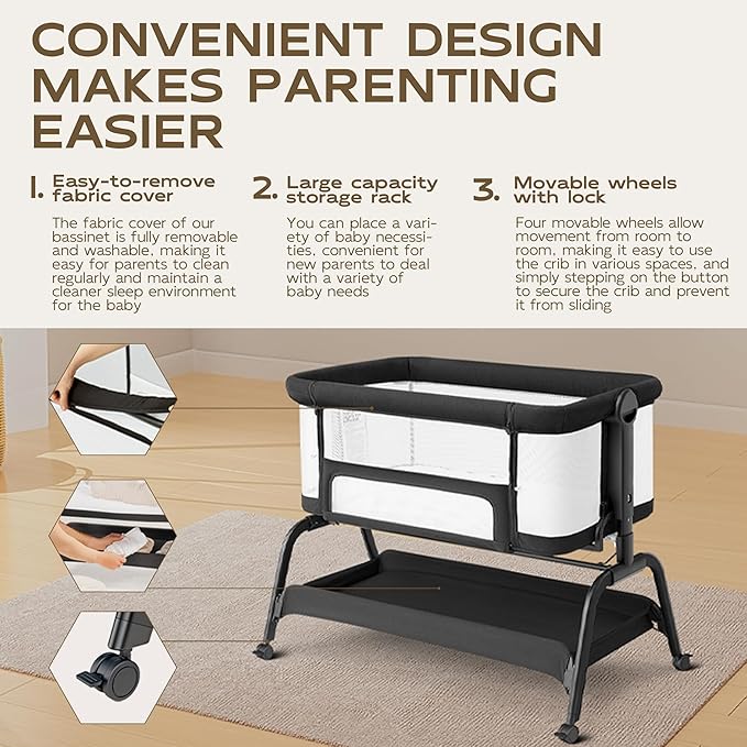 BabyBond Baby Bassinet, 3 in 1 Bassinet Bedside Sleeper with Washable Soft Mattress and Sheet, 6 Height Adjustable Bedside Crib, 4-Sided Mesh Bedside Bassinet for Baby