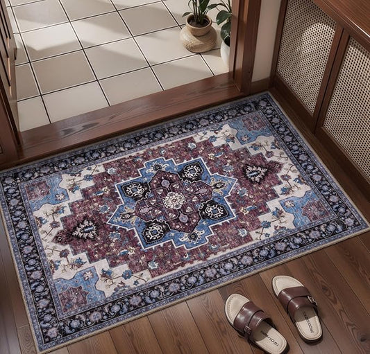 Ciicool Washable Vintage Area Rug, 2x3ft Small Boho Rug, Ultra Soft Rugs for Entryway, Non-Slip Entry Rugs Oriental Low-Pile Indoor Mat Floor Carpet for Entrance Bedroom Kitchen Bathroom Foyer Decor