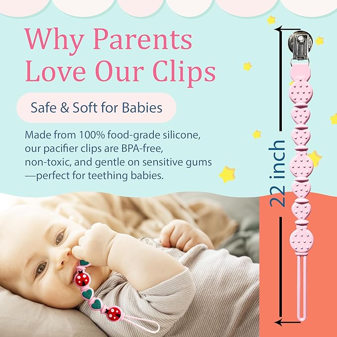 Silicone Pacifier Clips for Boys & Girls – Personalized Pacifier Holder;Neutral & Cute Pacifier Clips for Babies;Teething, Soothies – BPA-Free, Durable & Soft (Pink)