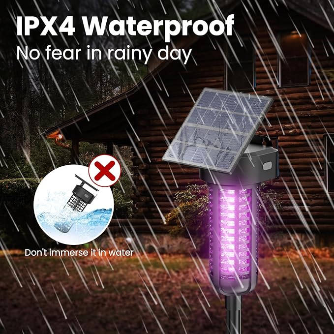 Solar Bug Zapper Outdoor, Garden Mosquito Zapper Waterproof & Cordless & Rechargeable & Auto On/Off and Manual Mode,Flying Insect Zapper Mosquito Killer Lamp Catcher for Patio Camping