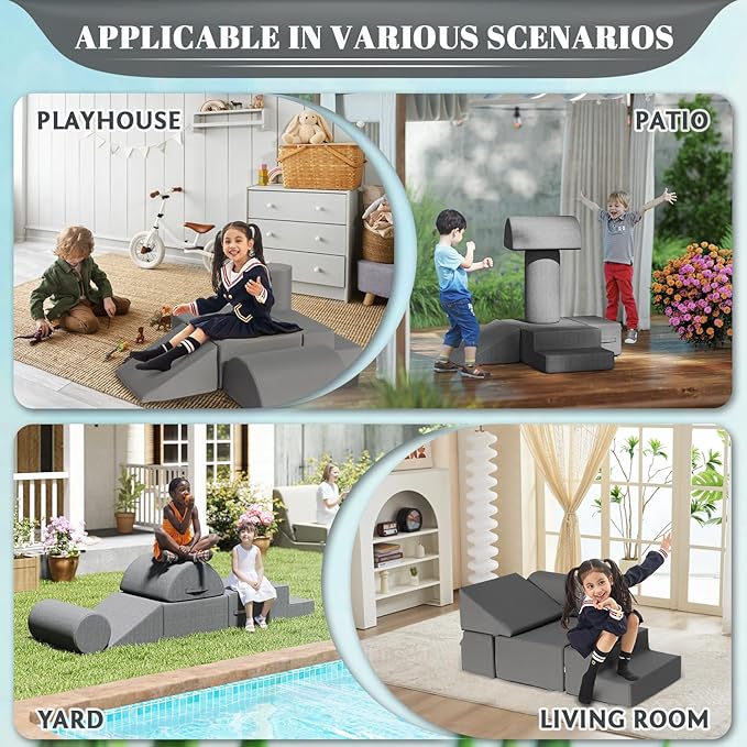 jela Kids Foam Climbing Blocks 6Pcs Soft Play Equipment Waterproof Fabric, UV Resistant Toddler Climbing Toys Indoor& Outdoor Soft Play Climbing Set, Lightweight Climbing Blocks for Kids (Darkgrey)