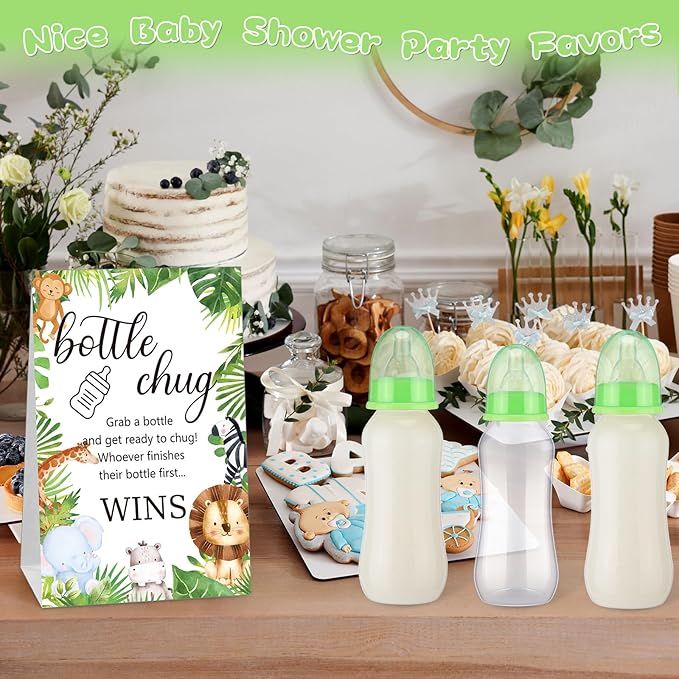 TrelaCo Cool Baby Shower Games Sets 12 Pcs Feeding Bottles with 1 Bottle Chug Sign for Gender Reveal Baby Shower Party Favors Decoration Games(Forest,Light Green)