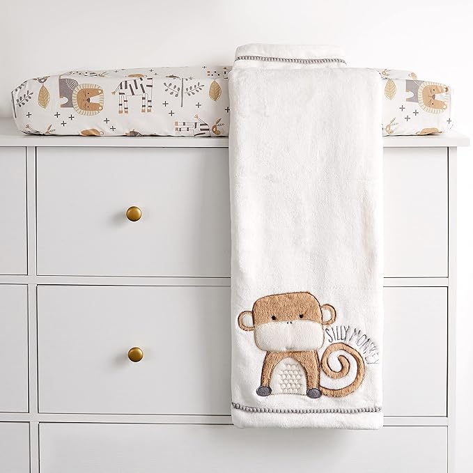 Levtex Baby - Kenya Plush Blanket - Embroidered Monkey - Grey and Taupe - Nursery Accessories - Blanket Size: 30 x 40 in.