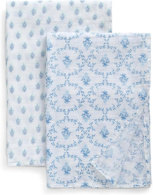 Delta Children 100% Cotton Muslin Baby Receiving Blankets for Girls and Boys – 47x47 Inches (Pack of 2), Blue Botanicals