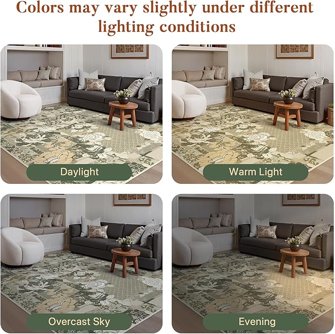 GENIMO 5X7 Floral Area Rugs for Living Room, Machine Washable Non Slip Vintage Patchwork Washable Rug, Ultra-Thin Low Pile Chenille Rugs for Bedroom, Dining Room, Taupe Gray