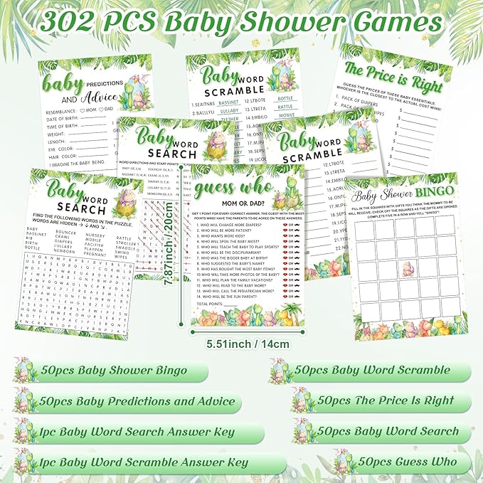 Jetec 302 Pcs Cute Dinosaur Theme Baby Shower Games, 6 Games, 50 Sheets Each, Shower Bingo, Word Scramble, Baby Word Search, Predictions and Advice, The Price is Right, Guess Who