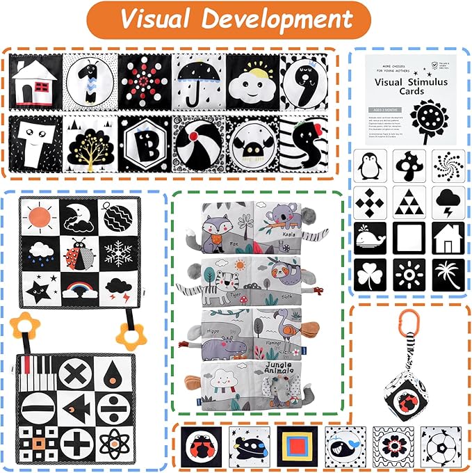 5 in 1 Black and White High Contrast Baby Toys 0-3 Months for Newborn, Tummy Time Toys Montessori Toys for Babies 0 3 6 9 Months - Infant Sensory Soft Book Toys for Babies Girls Boys Baby Gifts