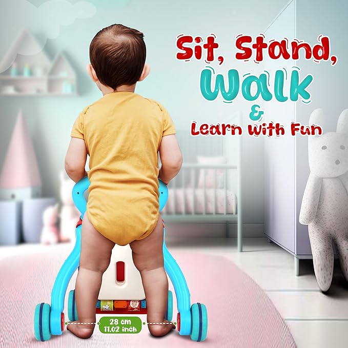 YOLAY Baby Walker Push with Wheels, Sit-to-Stand Walker for Baby Boy and Girl 6-12 Months with Detachable Play Panel, Stable Handle, Early Learning Activity for Kids - Blue