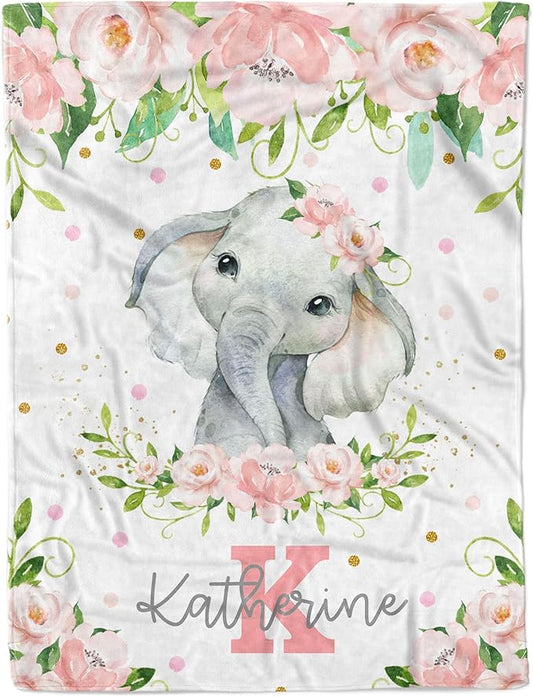 Arteaga Personalized Elephant Baby Blanket for Girls, Customized Newborn Gift