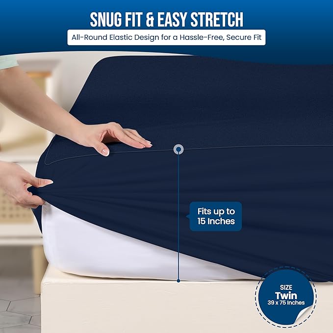 Utopia Bedding Waterproof Mattress Protector Twin Size, Premium Terry Mattress Cover 200 GSM, Breathable, Fitted Style with Stretchable Pockets (Navy)