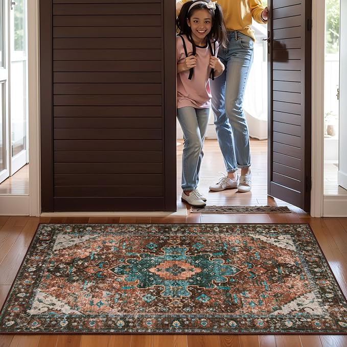 Ciicool Washable Vintage Area Rug, 2x3ft Small Boho Rug, Ultra Soft Rugs for Entryway, Non-Slip Entry Rugs Oriental Low-Pile Indoor Mat Floor Carpet for Entrance Bedroom Kitchen Bathroom Foyer Decor