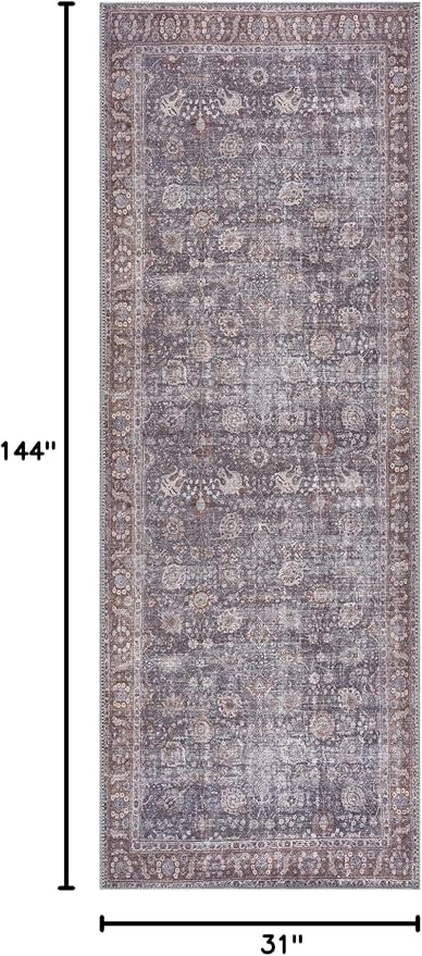 Bloom Rugs Washable 12 ft Runner - Brown/Dark Gray Traditional Runner for Entryway, Hallway, Bathroom, and Kitchen - Exact Size: 2.5' x 12'
