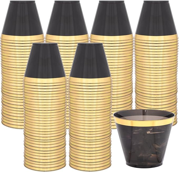 supernal 200 Pcs Gold and Black Plastic Cups-9oz Heavy Duty Plastic Cups,Gold Rimmed Disposable Cups,Disposable Wine Glasses Perfect for Wedding,Birthday Parties,Thanksgiving,Christmas
