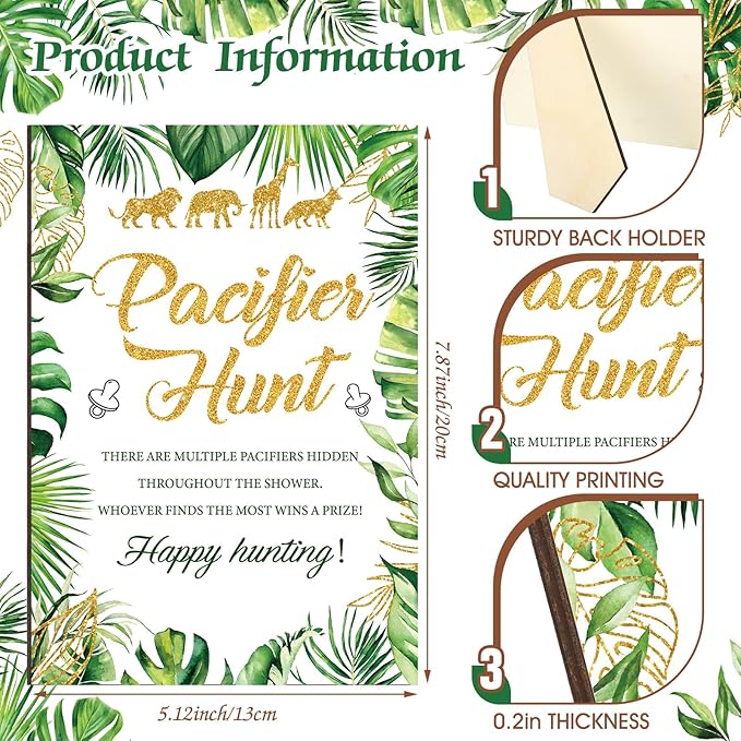 Thyle 51 Pcs Pacifier Hunt Baby Shower Games Include Hunt Sign and 50 Acrylic Pacifiers for Baby Shower Game Decoration Gift Sets Gender Reveal Party Decor(Jungle Animals)