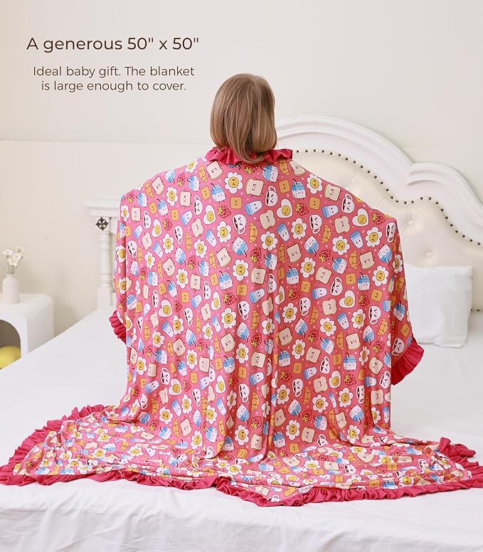 Premium Baby Blanket for Girls, Stretchy Quilt, Soft Crib Bedding for Newborn Baby and Toddler, Ruffle Nursery Blanket for Kids, Viscose Made from Bamboo, 50''x50'' Pink Breakfast One Size