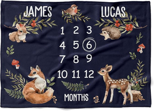 MDPrints Personalized Twin Milestone Blanket, Custom Monthly Baby Blankets with Name for Boys and Girls, 30x40 & 50x60inch Soft Plush Fleece (Dark Blue)