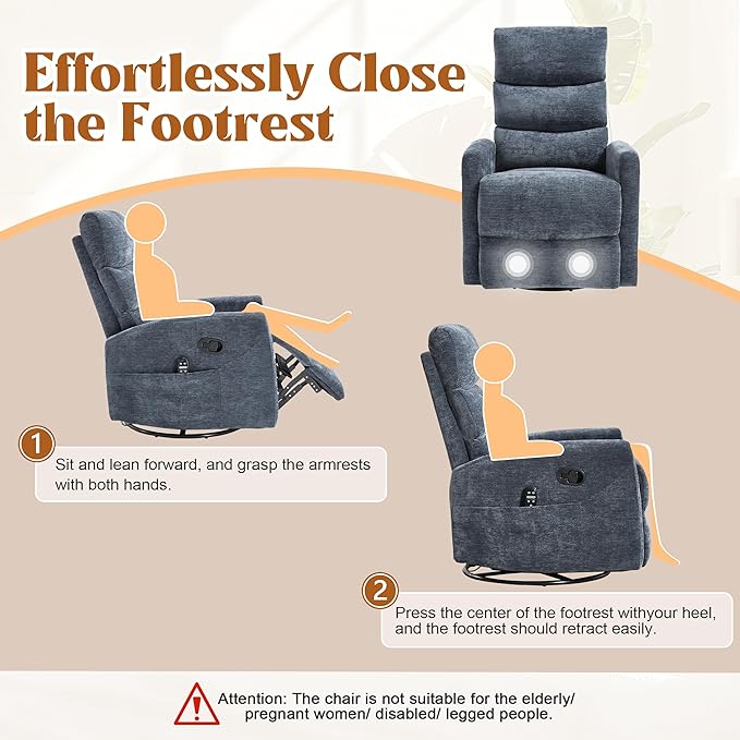 Manual Swivel Rocker Recliner Chair with Massage, Overstuffed Recliner Glider with Vibration Massage and Heat for Nursery, Living Room Reclining Sofa Chair, Fabric Blue