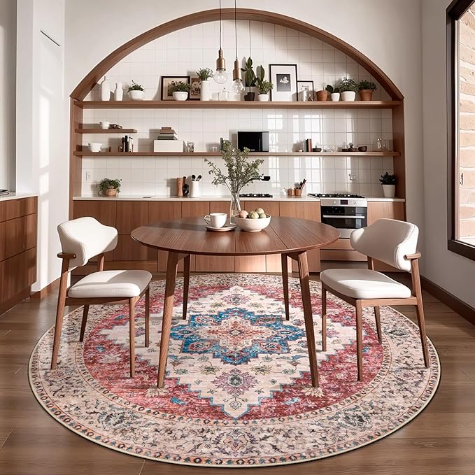 Ciicool Boho Area Rug Washable 6x6ft Round Bedroom Rug Non-Slip Oriental Throw Rug Low-Pile Floor Carpet for Dining Room Living Room