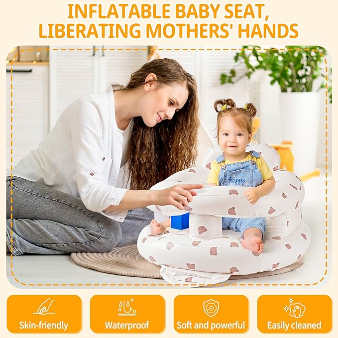 Inflatable Baby Seat for Babies 3-36 Months, Baby Chair with Fence & Built in Air Pump, Blow Up Floor Baby Seat with Back Support, Baby Sit Up Chair for Home, Travel (Bear-Large)