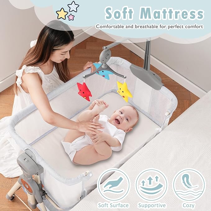 Rocking Baby Bassinet, Bedside Bassinet for Baby, 3 in 1 Bedside Sleeper with Musical Toys, Storage Basket and Wheels, Adjustable Bedside Crib for Newborn, White