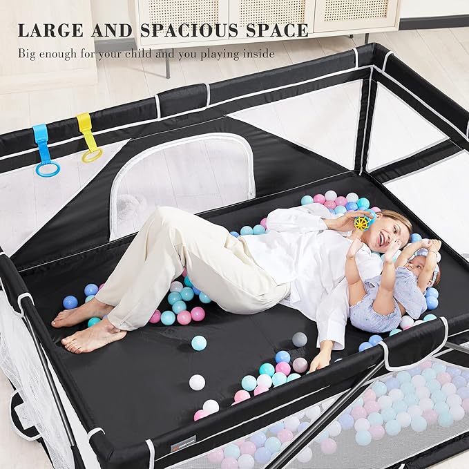 ANGELBLISS Baby Playpen, Foldable Playpen for Babies and Toddlers, Indoor & Outdoor Baby Activity Center with Visible Breathable Mesh, Portable Play Yard with 2 Handlers+50 Balls (Black, 71 * 79)
