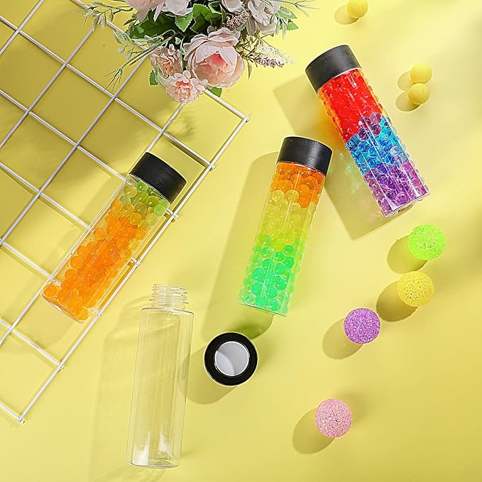 Tanlade 24 Pcs Clear Plastic Bottles Empty Sensory Bottles with Caps PET Plastic Juice Reusable Leakproof Drink Container Bulk for Juice Milk(10 Oz/ 300 ml,Black Lid)