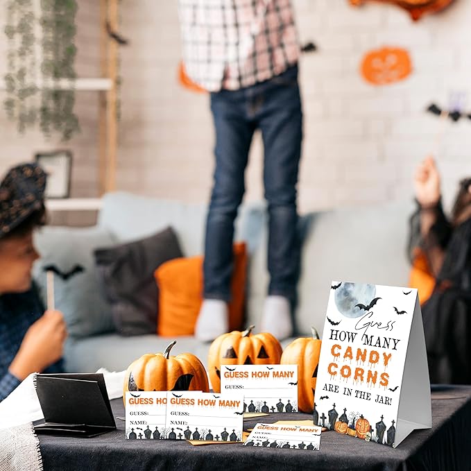 Halloween How Many Candy Corns Are In The Jar - 1 Standing Sign & 50 Guessing Cards - Halloween Party Game & Decoration For Boys, Girls, Adults - Baby Shower, Birthday Game Set - A01