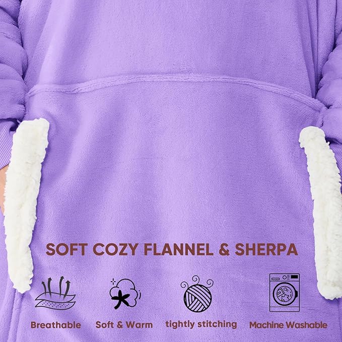 yescool Wearable Blanket Hoodie - birthday gifts for Adults/Women/mom, Flannel Cozy Sherpa Fleece Blanket Sweatshirt with Hood, Pocket & Sleeves, Large, One Size Fits All (Lavender)