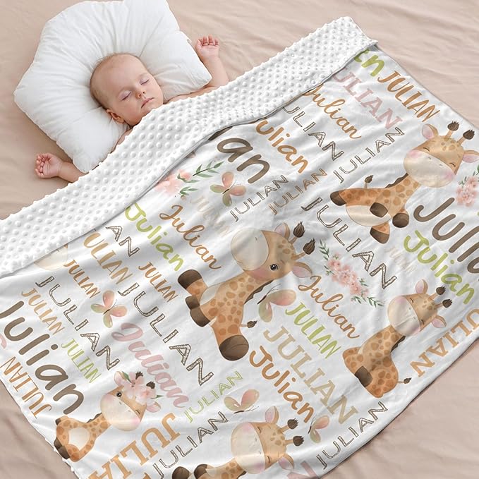 Personalized Baby Blanket for Girls Boys Giraffe Custom Baby Blankets with Name Dotted Backing Customized Gifts for New Mom Customize Baby Blanket for Kids Newborn Birthday