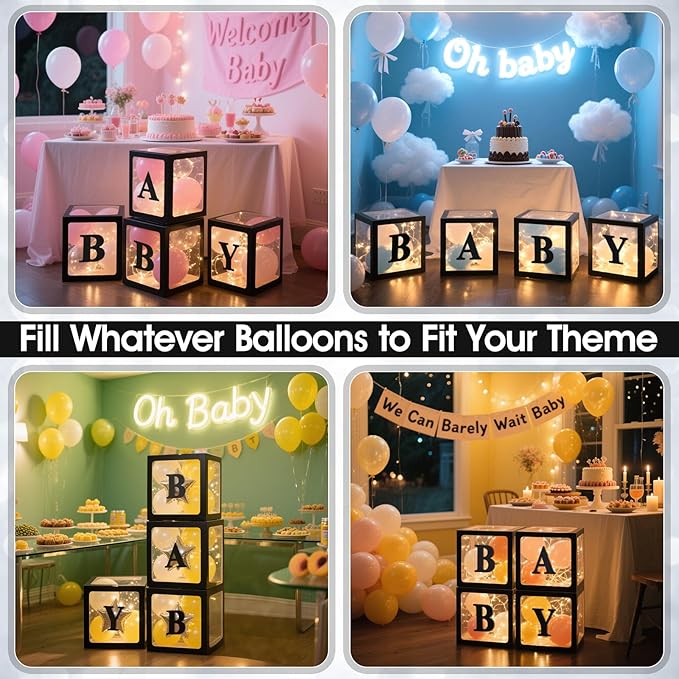 Ledido Baby Boxes with Letters for Baby Shower Decorations, 4 pcs Clear Baby Balloon Boxes Blocks Decor with LED Fairy String Lights for Boy Girl Gender Reveal Decorations Backdrop Party (Black)