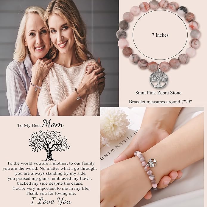 QWNHONEY Mothers Day Gift for Grandma Mom Mother in Law Sister in Law Bonus mom Granny Nana Valentine's Day Birthday Anniversary Pink Red Natural Stone Tree of Life Bracelet
