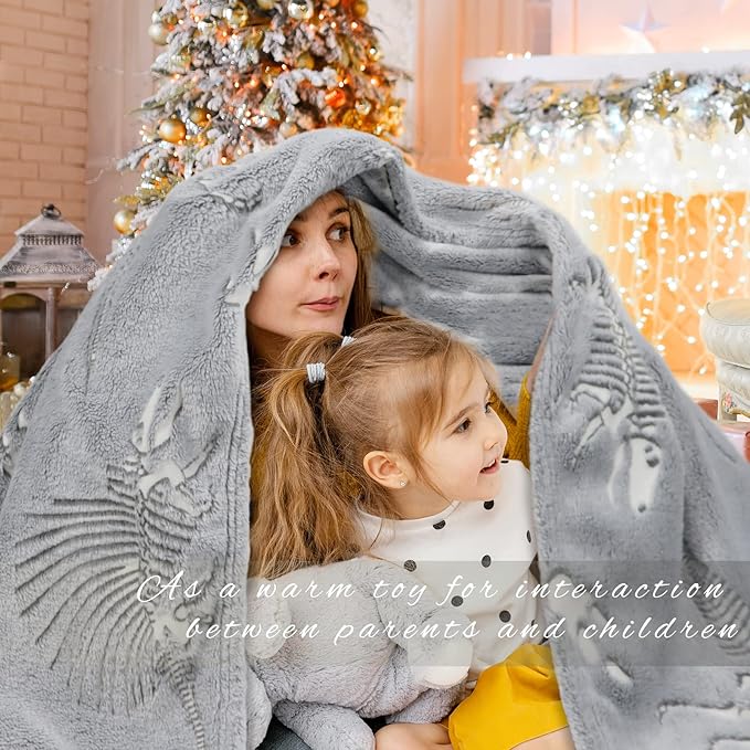 Glow in The Dark Dinosaur Blanket for Boys & Kids - Soft, Cute Dino Blanket, Gray Glowing, 90x108 inch