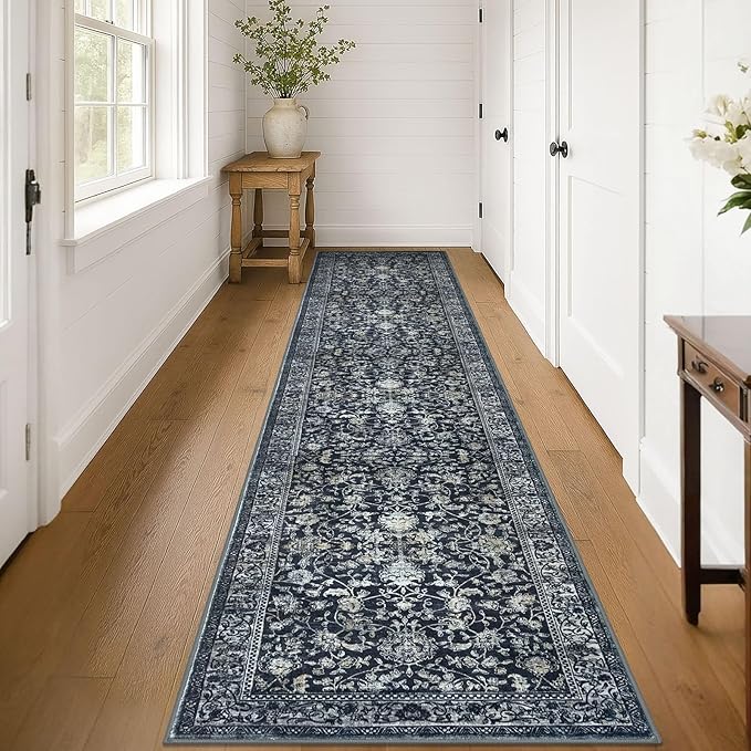 KILOCOCO Runner for Hallway 3x14 Runner Rug Printed Vintage Floral Washable Rug Kitchen Runners Soft Non-Slip Low Pile Hallway Runners Laundry Room Distressed Boho Rugs, Navy/Charcoal
