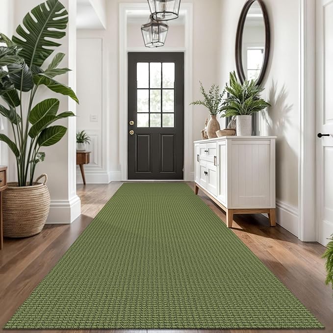 KOZYFLY Extra Long Runners for Hallways 3x14 ft Washable Kitchen Runner Non Slip Rubber Backed Hallway Rug Cotton Entryway Runner Rug Floor Carpet for Indoor Hall, Kitchen,Olive Green/Earthy Green