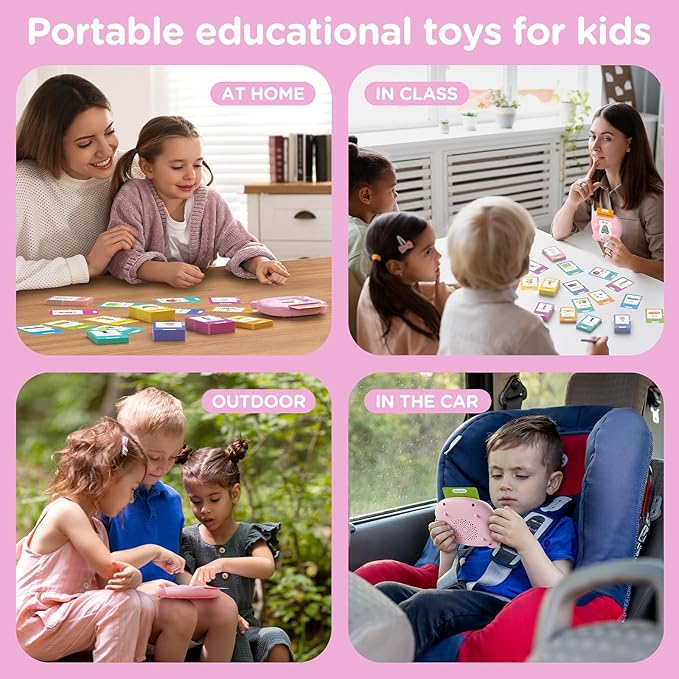 Spanish & English Talking Flash Cards for Toddlers, Pocket Speech Therapy Toys with 510 Words, Montessori Language Learning and Autism Toys, Children's Sensory Learning Device Gift (Pink)