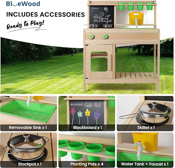 BlueWood Mud Kitchen for Kids Outdoor, Wooden Play Kitchen Set with Sink, Stove, Chalkboard, Montessori Toddler Outdoor Kitchen Playset for Backyard Fun