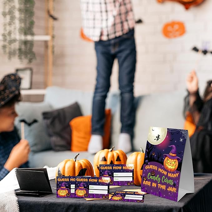 Halloween How Many Candy Corns Are In The Jar - 1 Standing Sign & 50 Guessing Cards - Halloween Pumpkin Party Game & Decoration For Boys, Girls, Adults - Baby Shower, Birthday Game Set - A08