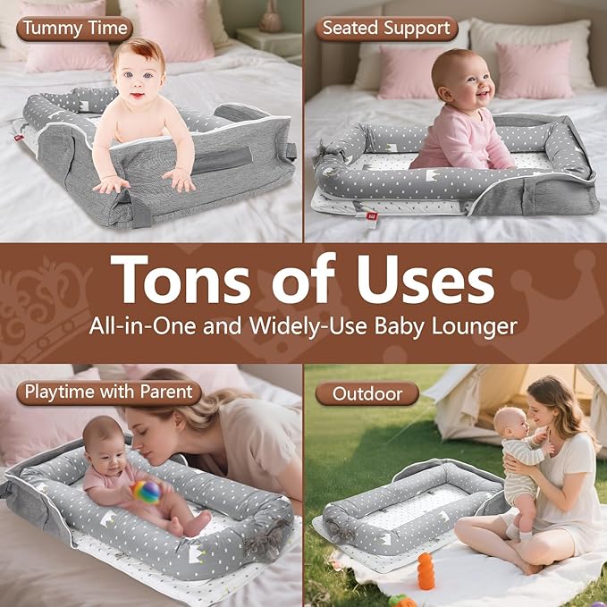 Baby Lounger for Newborn to Toddler 0-24 Months - Portable Infant Lounger with Breathable Cotton, Adjustable Size & Lengthen Space Travel Strap for Home, Outdoor (1. Crown)