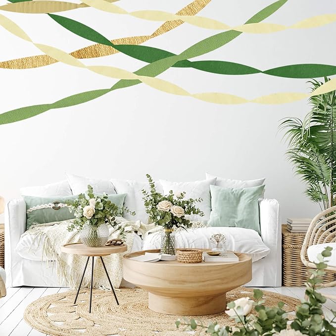 Green Gold Crepe Paper Streamers Party Decorations (5 Rolls) for Birthday, Camp Bachelorette, Baby Shower, Wedding, Bridal Shower, Jungle Safari Woodland Theme Party, Hanging Classroom Décor