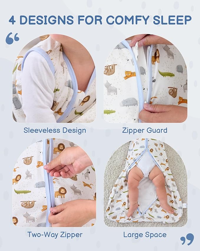 Baby Sleep Sack 12-18 Months, 100% Organic Cotton Wearable Blanket for Babies, 2-Way Zipper TOG 0.5 Lightweight Breathable Baby Sleeping Bag, 4 Sizes-L Animal&Plant&White