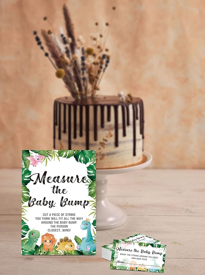 Baby Shower Game Set, Measure The Baby Bump(1 Standing Sign + 50 Find Cards), Safari Jungle How Big is Mommy's Belly Party Game, Dinosaur Baby Shower/Gender Reveal Party Favor Decor(A04)