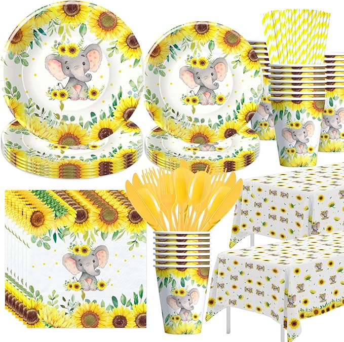 Xigejob Elephant Baby Shower Party Supplies - Elephant Baby Shower Birthday Decorations Tableware Include Plates, Cups, Napkins, Tablecloth, Cutlery, Straws | Serves 24