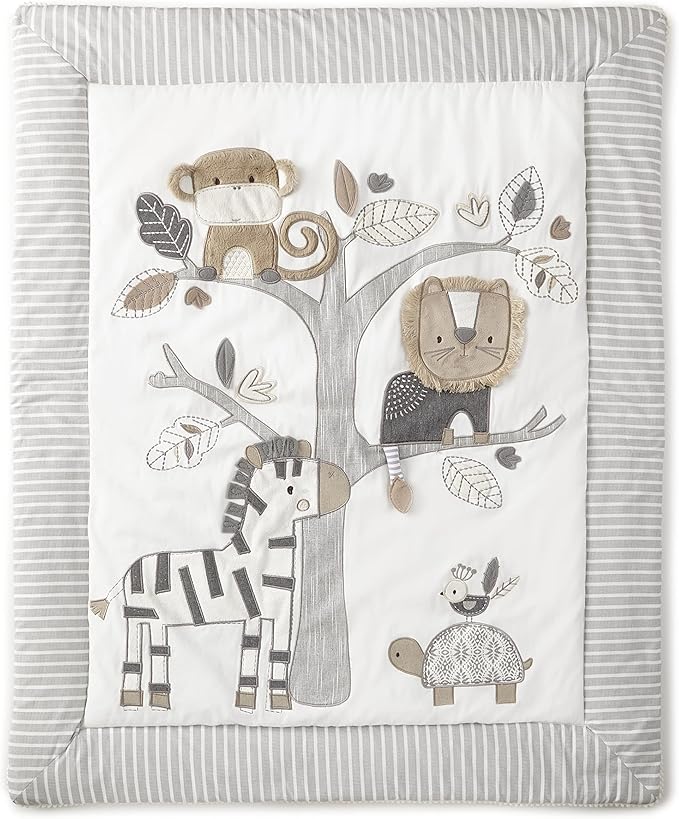 Levtex Baby - Kenya Baby Bed Set - Grey and Taupe - Jungle Animal - 5 Piece Set Includes Reversible Quilt, Fitted Sheet, Dust Ruffle, Hamper, Wall Decals