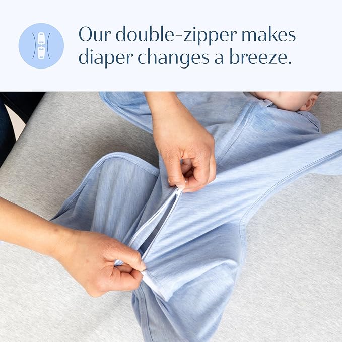 SleepingBaby Zipadee-Zip Transition Swaddle - Cozy Baby Swaddling Blanket with Zipper Convenience - Roomy Wearable Blanket for Easy Diaper Changes - 4-8 Month - Baseline Blue Heather